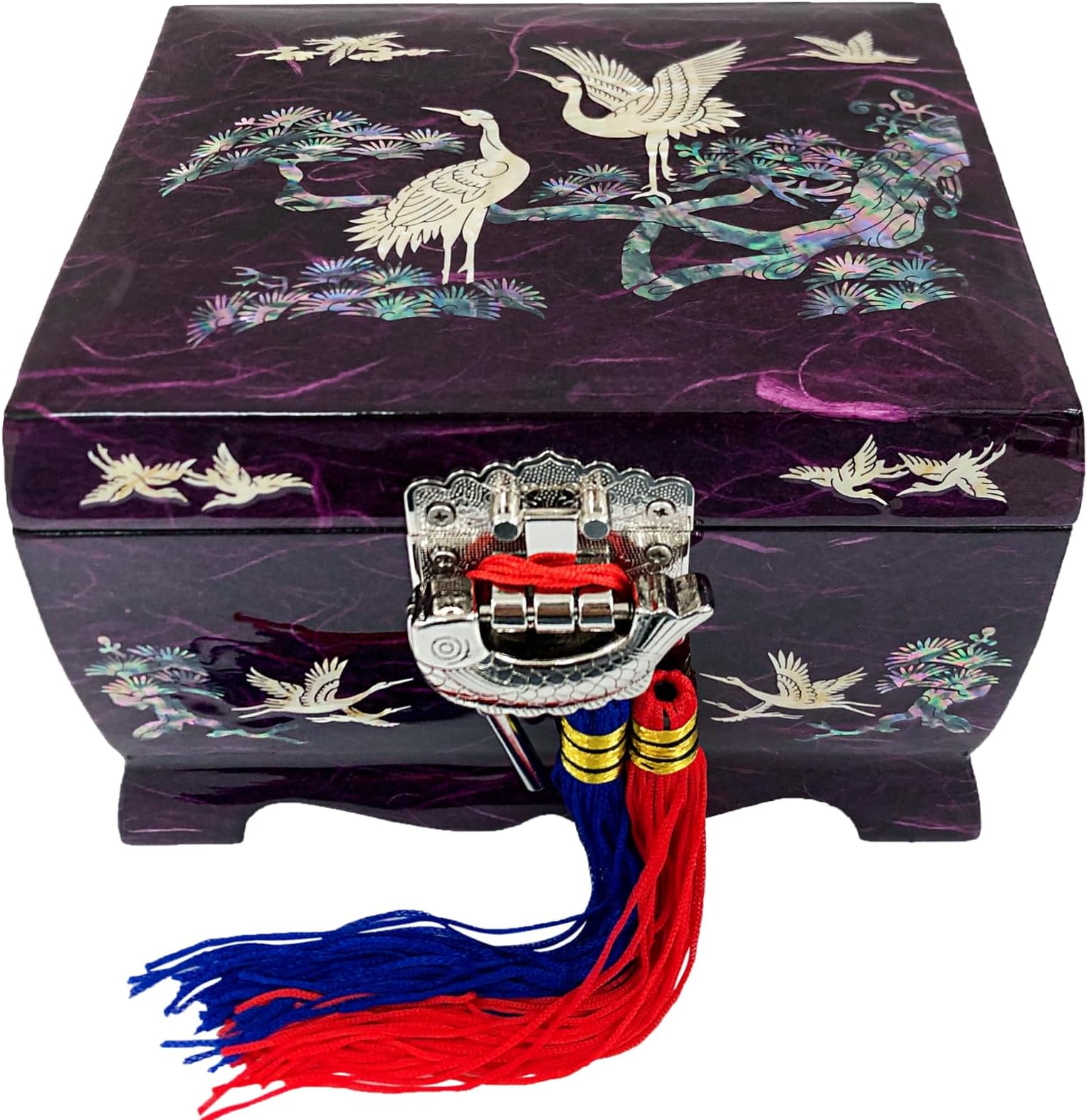 Nacre Inlay Mother of Pearl Music Jewellery Storage Chest Wooden Box Crane with Pin Tree Design Jewelry Mirror Box Keepsake Treasure Gift Box Trinket Case Organizer (Purple)