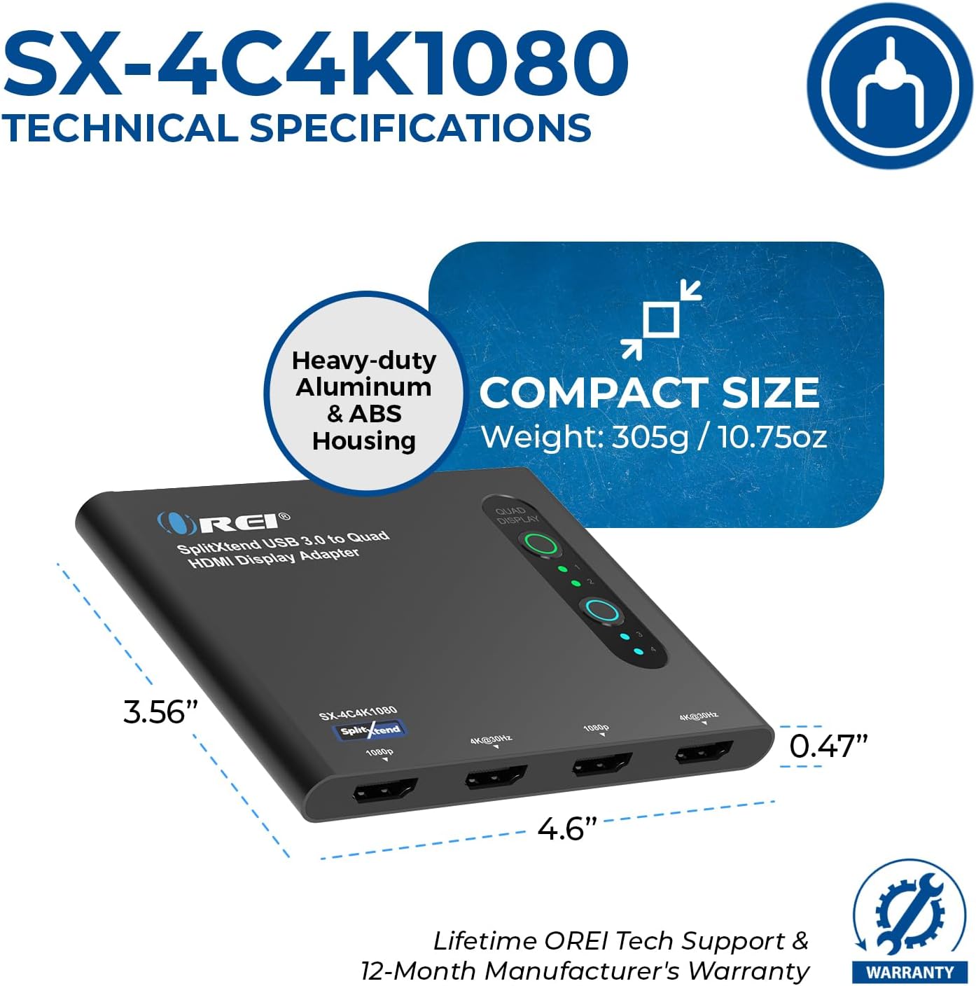 OREI SplitExtend HDMI Splitter Extended Display for Quad Monitor - Laptop Multiple Monitor Adapter with 4 Displays - USB-C Adapter to HDMI 2.0, 4K@30Hz Outputs - Windows and Mac Compatible