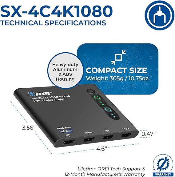 OREI SplitExtend HDMI Splitter Extended Display for Quad Monitor - Laptop Multiple Monitor Adapter with 4 Displays - USB-C to HDMI Adapter, 2X 4K@30Hz & 2X 1080p - Drivers Required - Windows/Mac