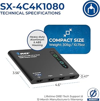 OREI SplitExtend HDMI Splitter Extended Display for Quad Monitor - Laptop Multiple Monitor Adapter with 4 Displays - USB-C to HDMI Adapter, 2X 4K@30Hz & 2X 1080p - Drivers Required - Windows/Mac