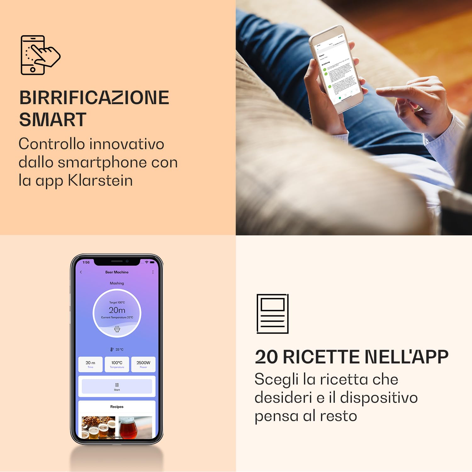 KLARSTEIN Kit Birra Artigianale Completo, Fermentatore Birra da 65L, Kit per Fare la Birra in Casa in Acciaio Inossidabile, Kit Birra Fai da Te, modalità Automatica, 3300W, Auto-Mode, Smart App