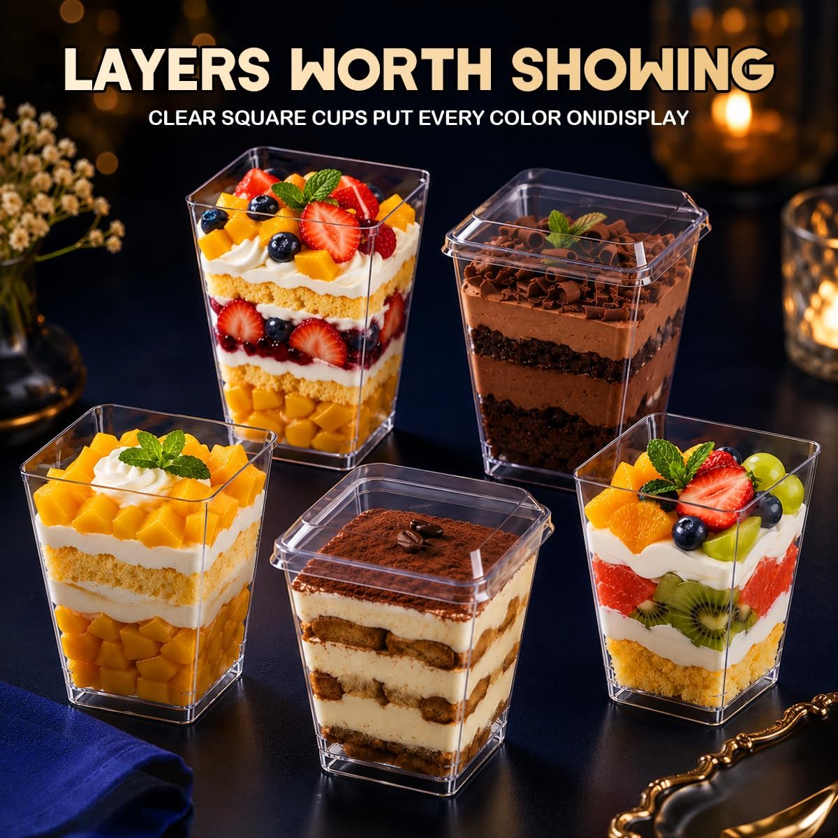 30 Sets 5oz Plastic Dessert Cups with Lids & Dual Spoons