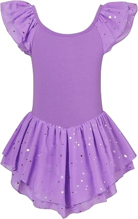 Idgreatim 2-9T Toddler Girls Ballet Leotard Kids Ballerina Oufit Ruffle Sleeve Dance Dress | 95% Cotton and 5% Spandex body, double-layer flutter sleeves, attached skirt and silver celestial accents for dance