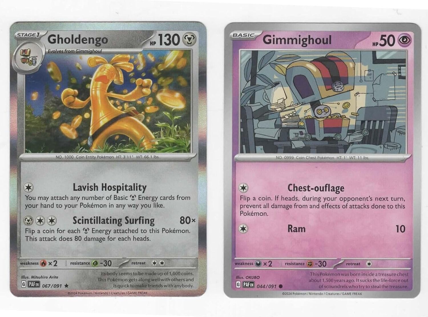 pokemon Gholdengo 067/091 Holo Rare - Paldean Fates - 2 Card Evolution Set
