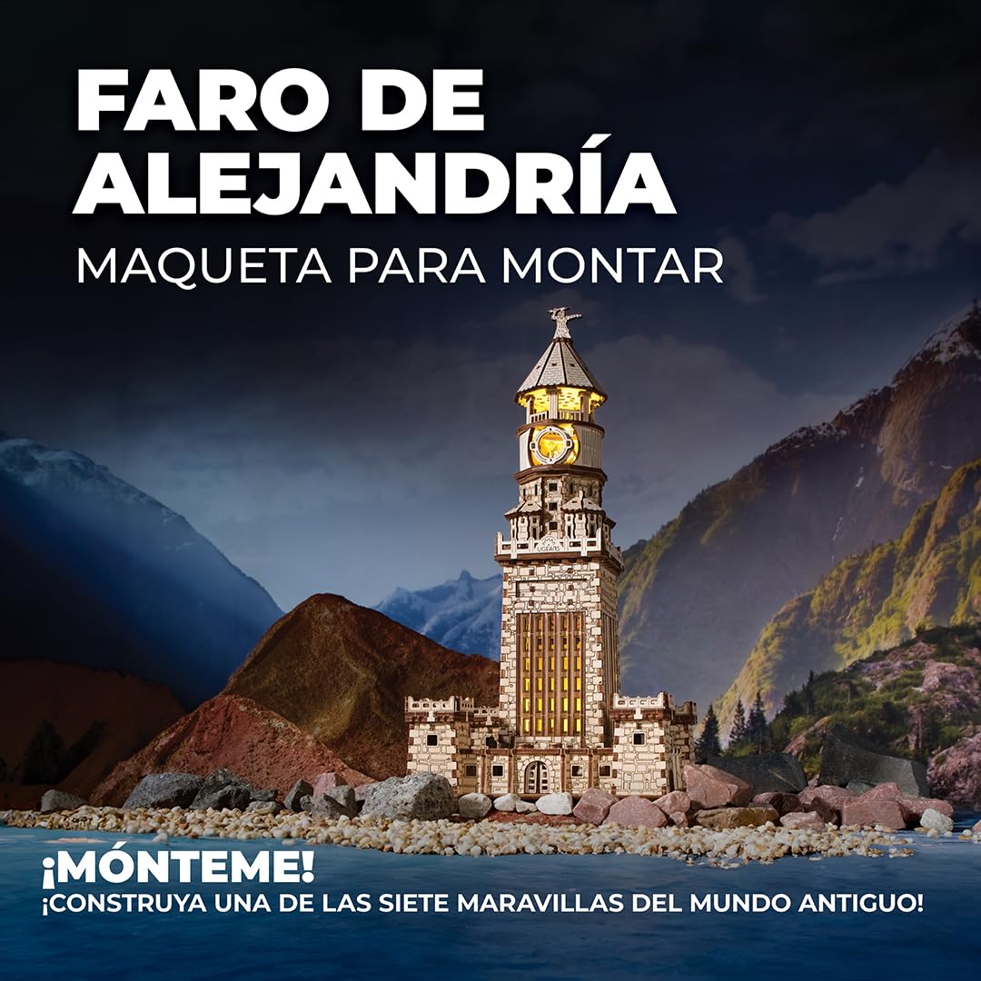 UGEARS Faro de Alejandría 3D Puzzle - Kits de Bricolaje para Adultos Puzzles 3D de Madera para Adultos con Luz LED Nocturna - Kits de Construcción de Modelos Puzzle de Madera Regalo - 340 Piezas
