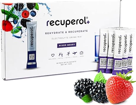 Recuperol Electrolytes Sachets - Rehydration Electrolytes Powder with Zinc, Vitamin C, B12, D3 & Potassium for Hydration - Sugar Free, Vegan & Low Calorie - Mixed Berry 30 Pack