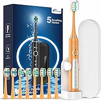 Vista 90 de Rtauys - Cepillo de dientes eléctrico y sónico M5 para adultos y adolescentes, con 8 cabezales de cepillo, de alta potencia, con estuche de viaje, 3