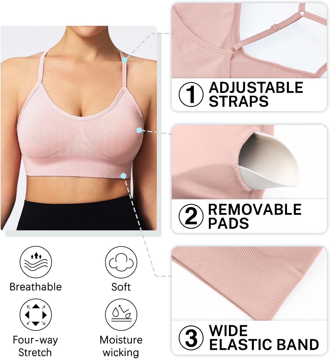 Women's Sports Bras Adjustable Y Back Spaghetti Strap Racerback Padded Wireless Yoga Workout Tops - Image 5