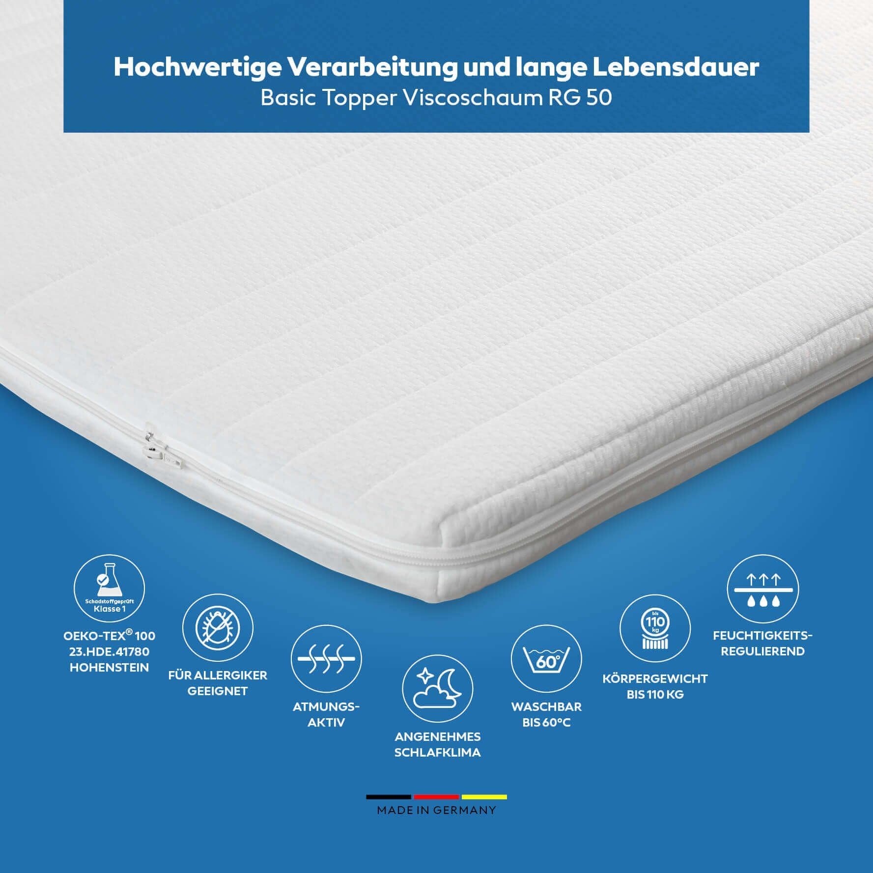 Visco Topper 100 x 200 cm – Suave y cálido – Memory Foam RG 50 – Öko-Tex® Standard 100 – Funda lavable a 60 °C – Cubrecolchón para canapé, sofá y cama – Fabricado en Alemania