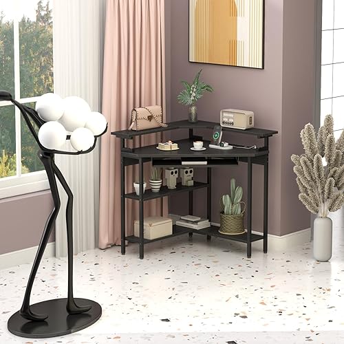 Miniatura 9 de Escritorio esquinero con estación de carga y luz LED, escritorio de esquina triangular con soporte para monitor y bandeja para teclado para espacio