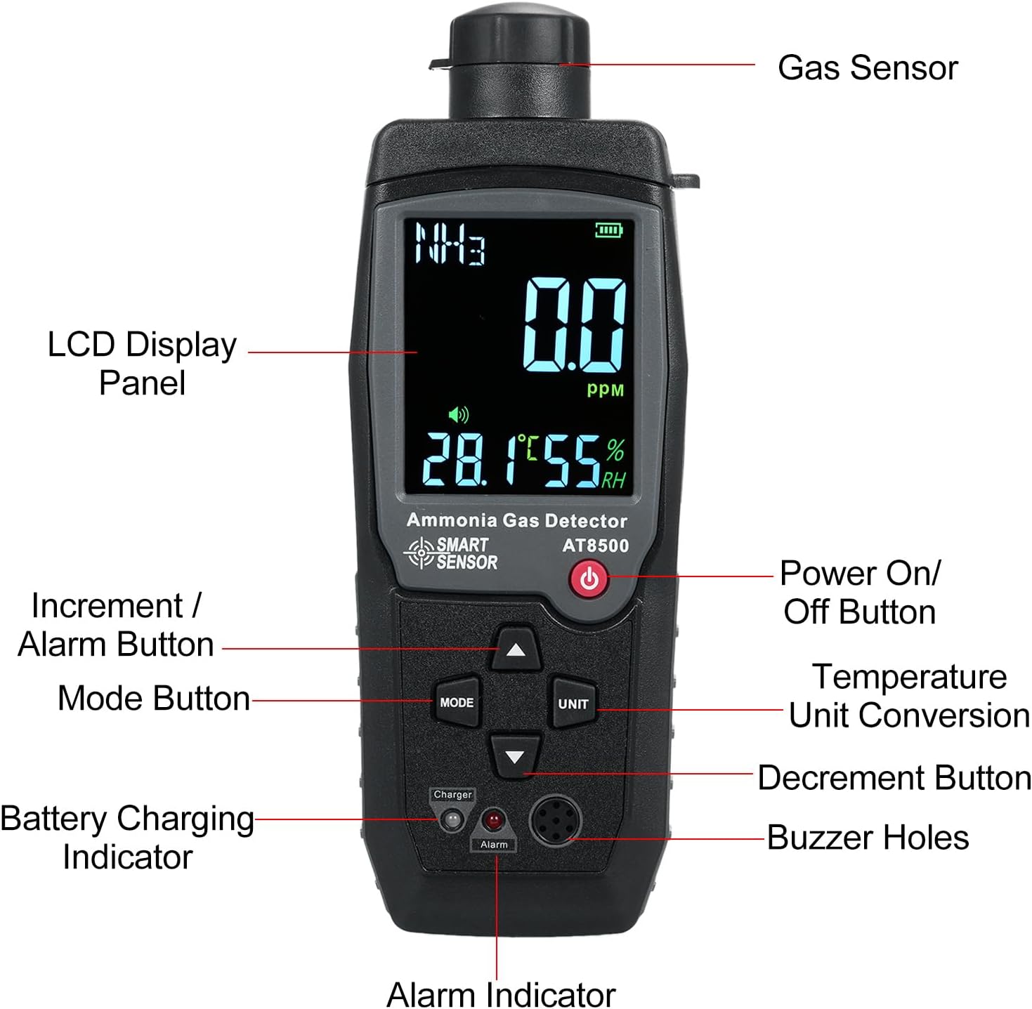 Handheld Ammonia Gas Detector Digital NH³ Gas Tester 0-100PPM Ammonia Gas Meter with Large LCD Display