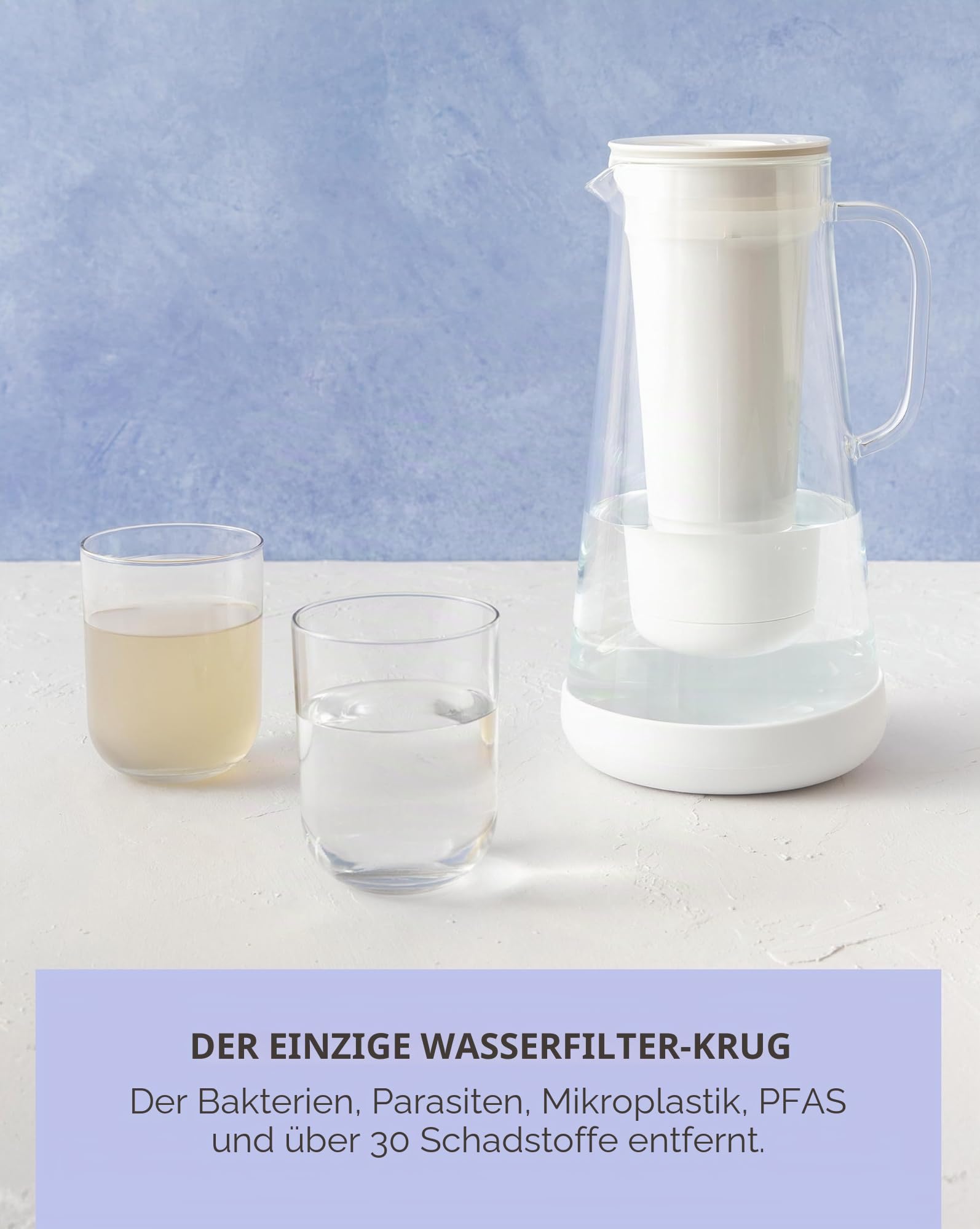 LifeStraw Home Wasserfilter-Kanne aus Glas mit Silikonbasis; Bietet Schutz vor Bakterien, Parasiten, Mikroplastik, Blei, Quecksilber, PFAS und weiteren Chemikalien; 1,6 Liter, Stormy Blue (blau)