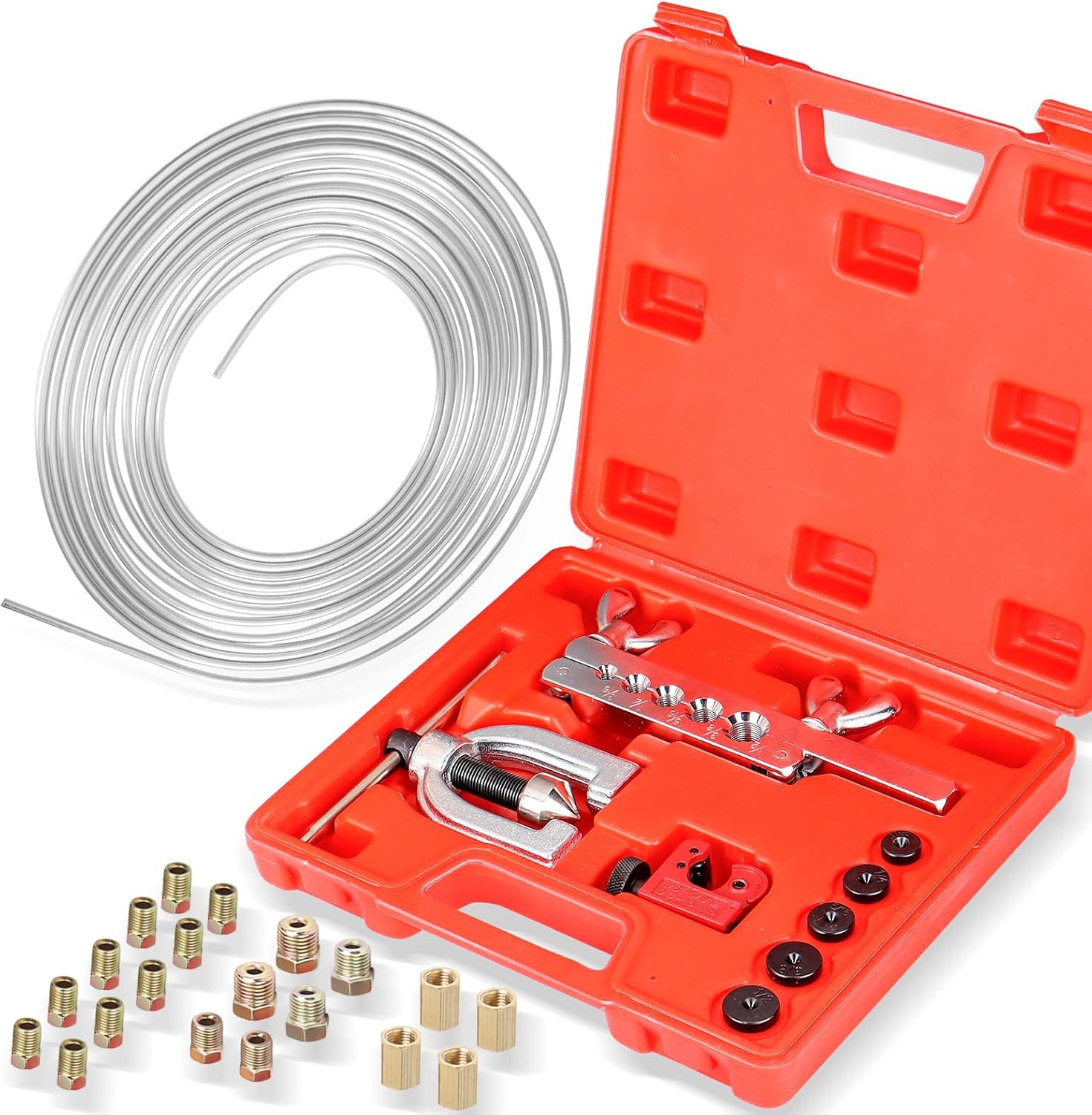 3/16" Complete Brake Line Kit, 25FT Stainless Steel Tubing, Flaring Tool & Fittings for Use in Hydraulic Brake Systems, Fuel Lines, and Transmission Systems
