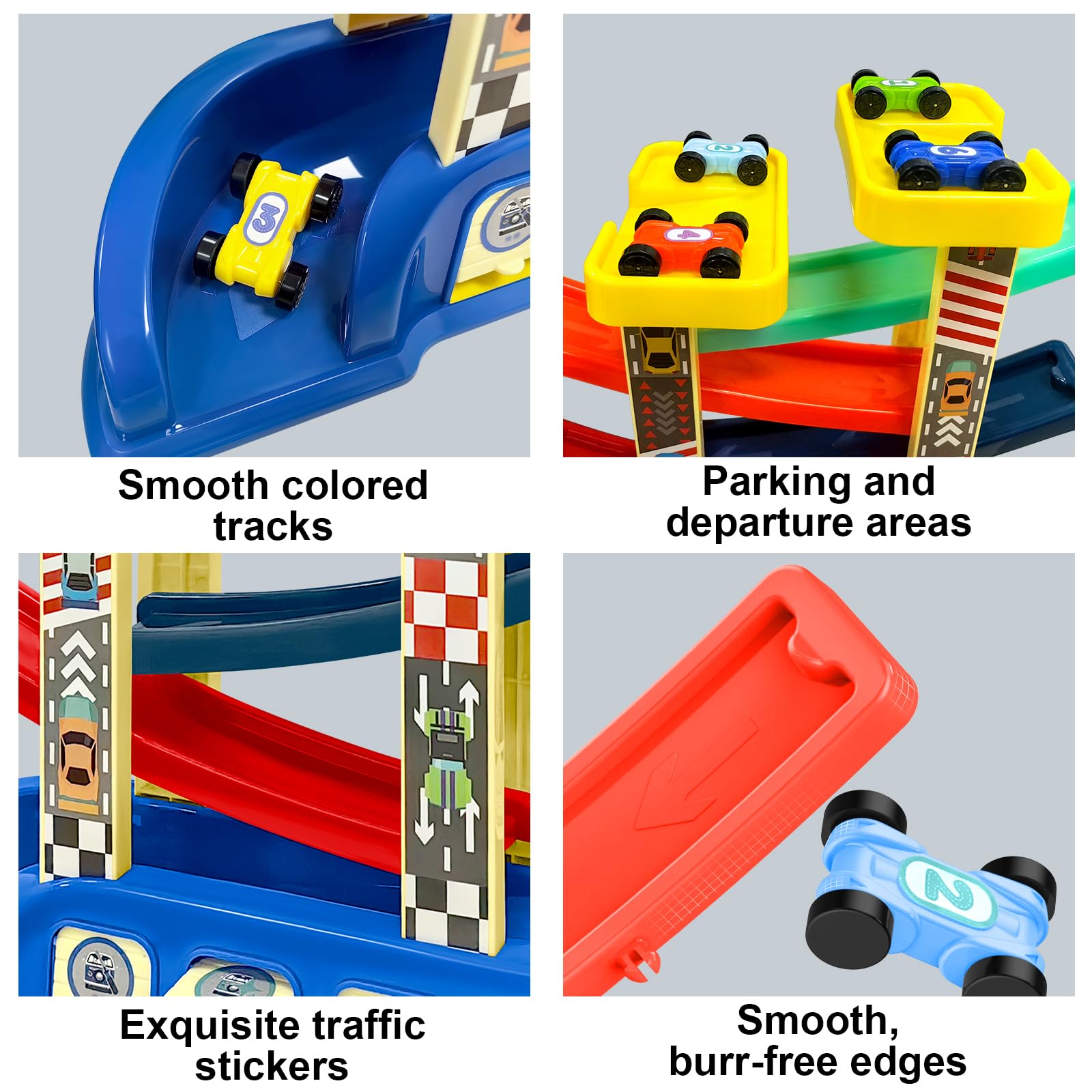 YATOSEEN Car Ramp Toys, Montessori Toys with 6 Mini Cars & 4 Colorful Race Tracks, Garages and Parking Lots - Image 3
