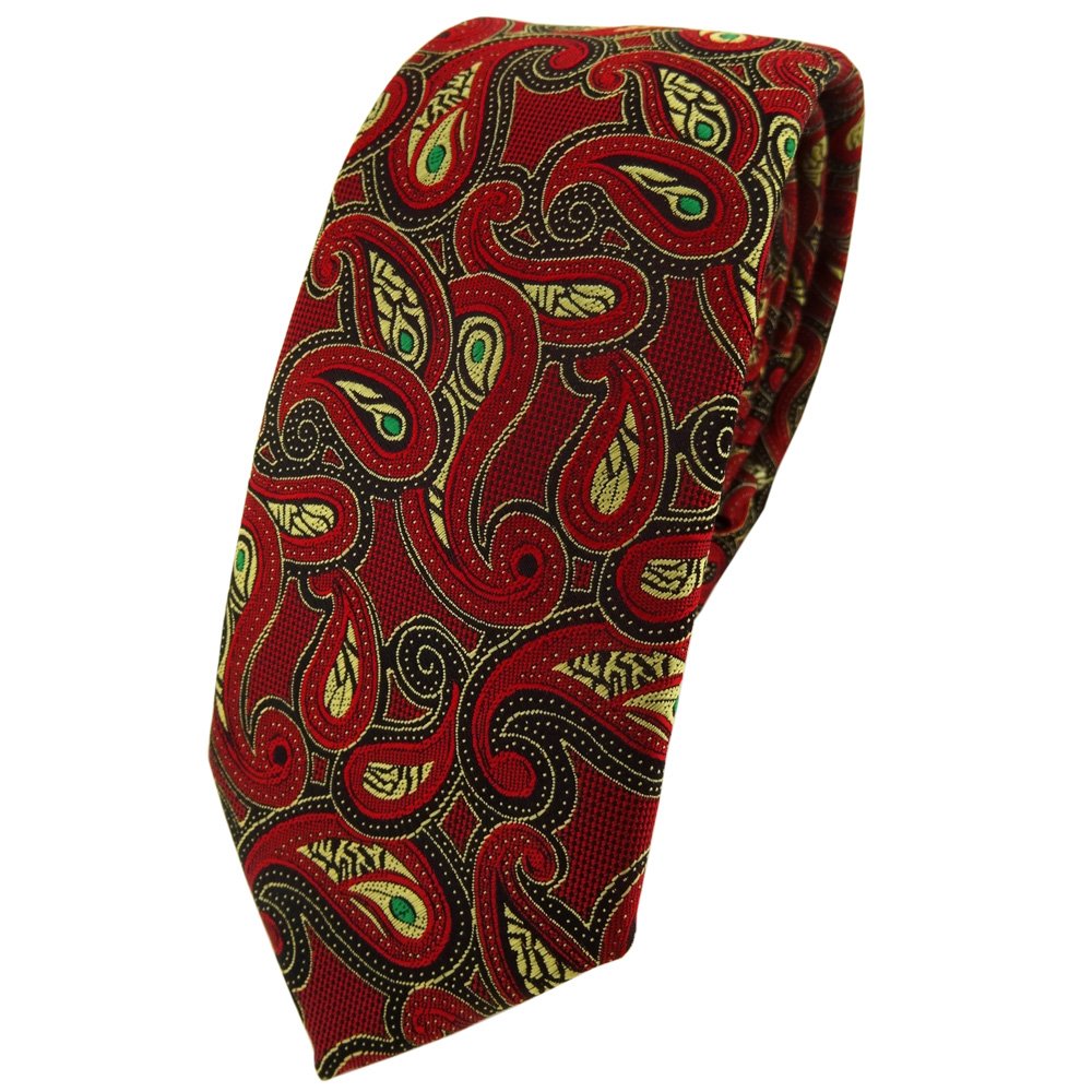 TigerTie narrow Designer tie necktie in red gold green black Paisley patterned