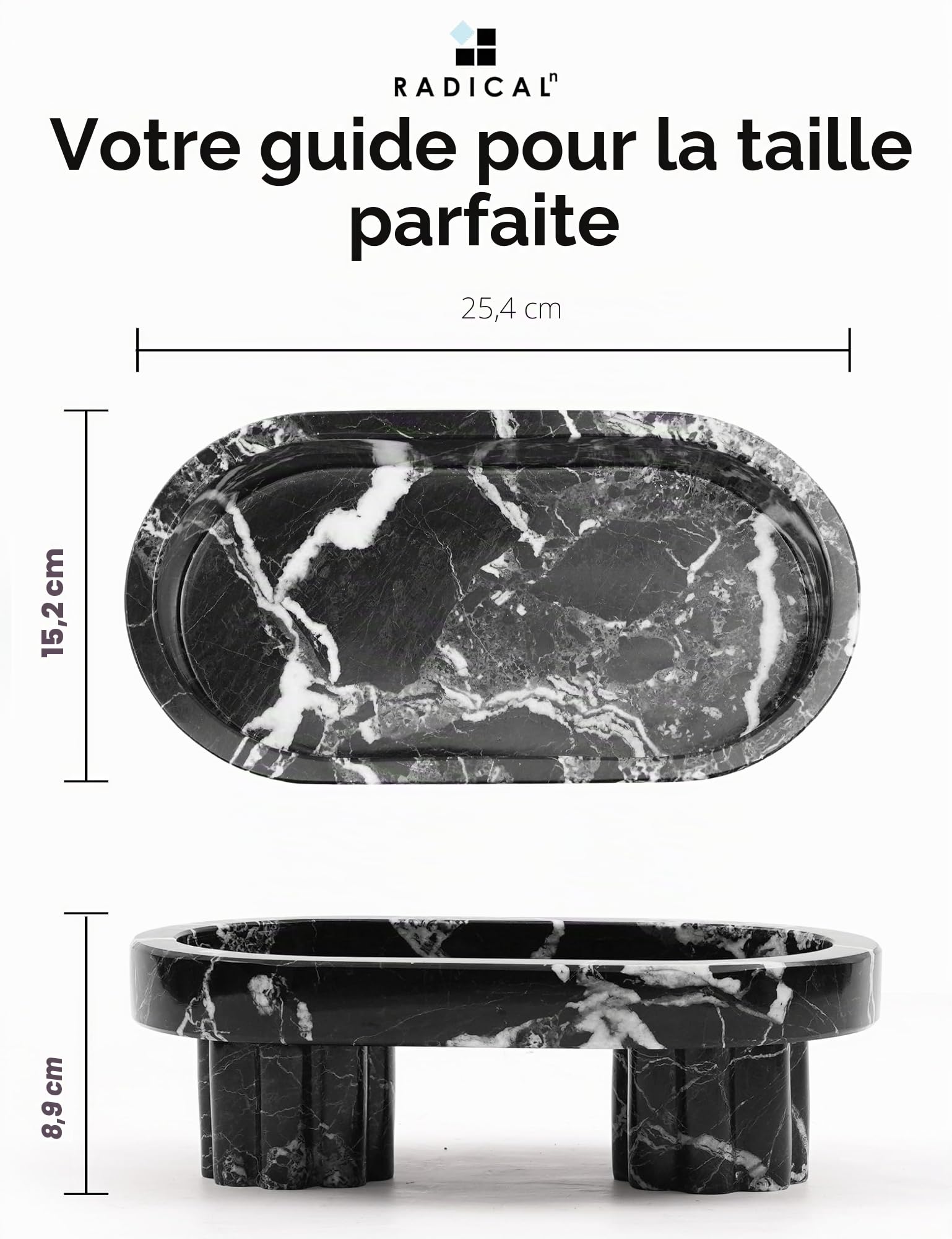 Radicaln Plateau ovale en marbre avec support de 25,4 cm, noir, fait à la main, plateau de service pour décoration de table basse, plateau de parfum moderne et de coiffeuse pour table, plateau