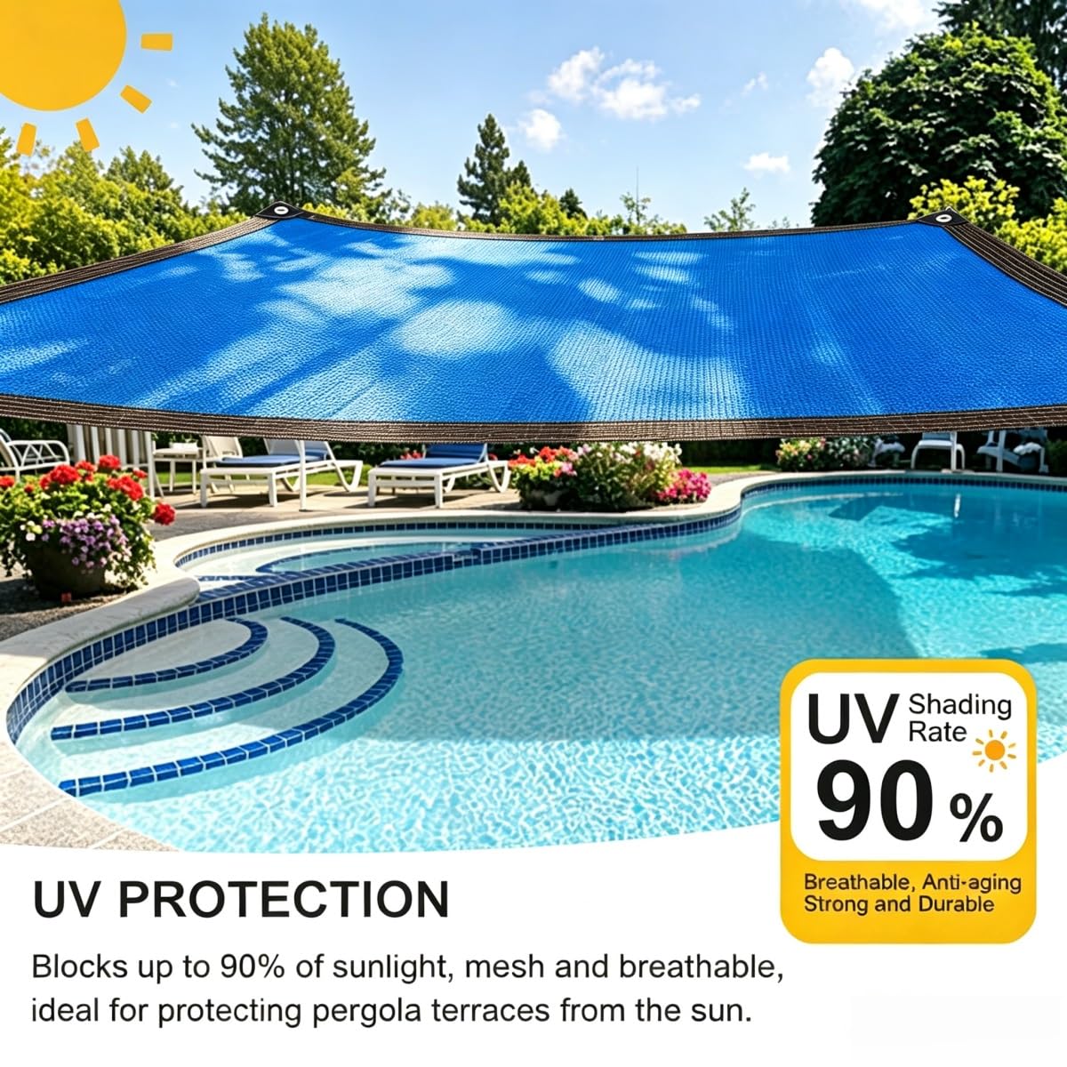 Voile D'ombrage Bleu HDPE Protection Solaire Extérieur for Cour Et Jardin(5mx8m)
