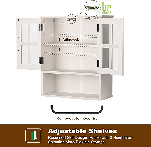 Miniatura 7 de RUSTOWN Armario de almacenamiento de pared de madera con puertas de vidrio cruzadas, montaje en pared de granja, armario rústico de 3 niveles con