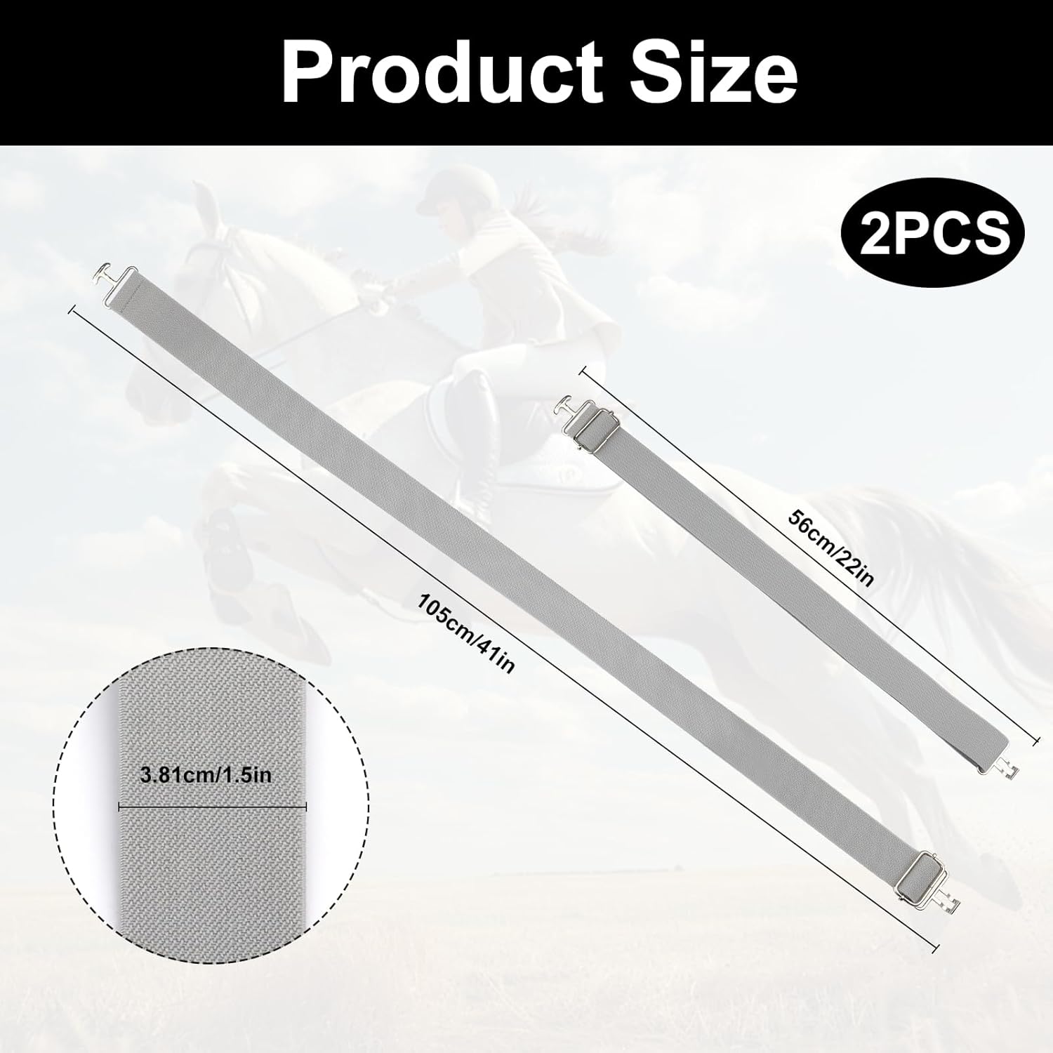 2Pcs 1.5in Elastic Equestrian Belt, Horse Riding Belt with Surcingle Buckle for Women & Girls (Black and Grey) - Image 2