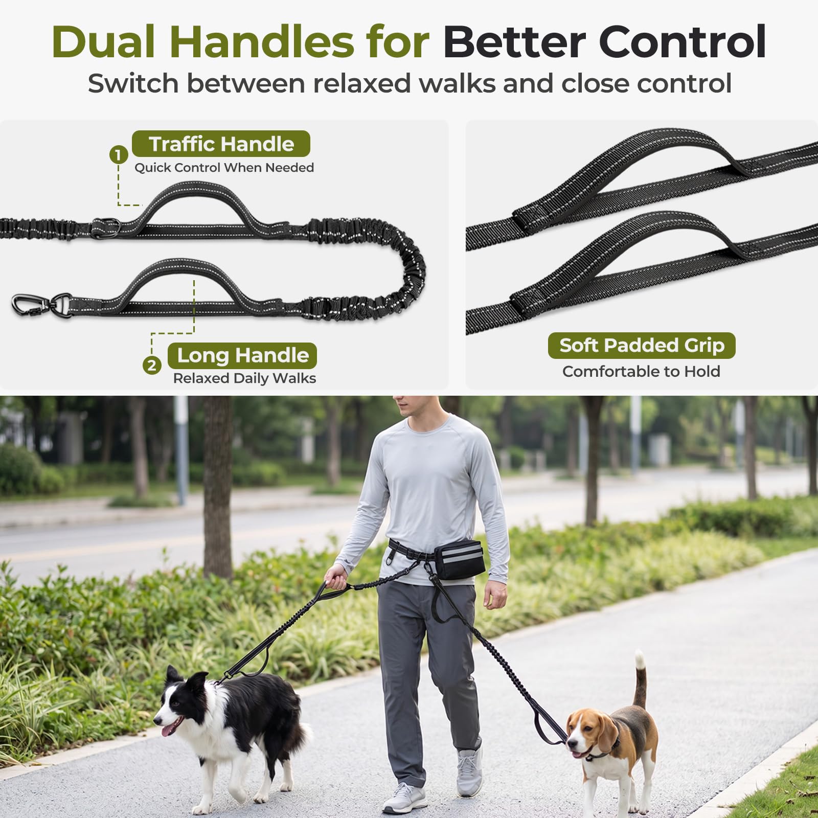 Gimars Laisse Canicross Chien pour 2 Chiens avec Ceinture Réglable et Sac Banane, Double Laisse Élastique Antichoc Anti-Fuite avec Poignées Réfléchissantes pour Promenade, Chiens 10–50 kg