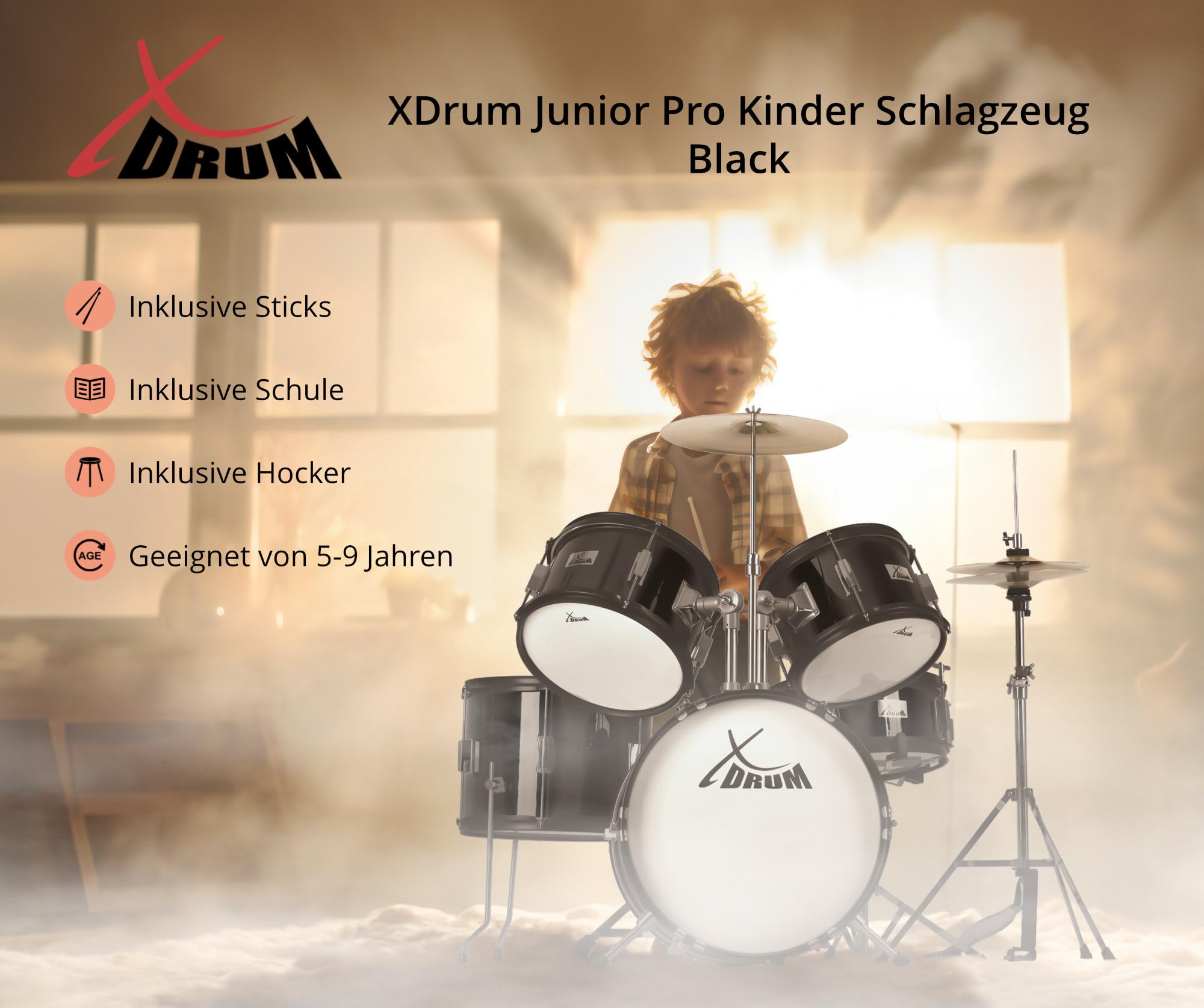 XDrum Junior Pro Kinder Schlagzeug Black - geeignet von 5-9 Jahren - Drumset mit komplettem Zubehör - inkl. Schule - Schwarz