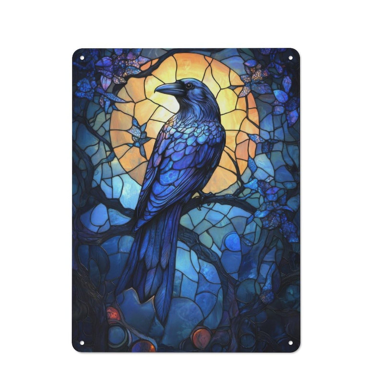 Junmoney Raven In Stained Glass Metal Wall Sign 40X30cm, Modern Retro Loft Wall Plaque For Flat, Bar, Studio Or Gallery Wall