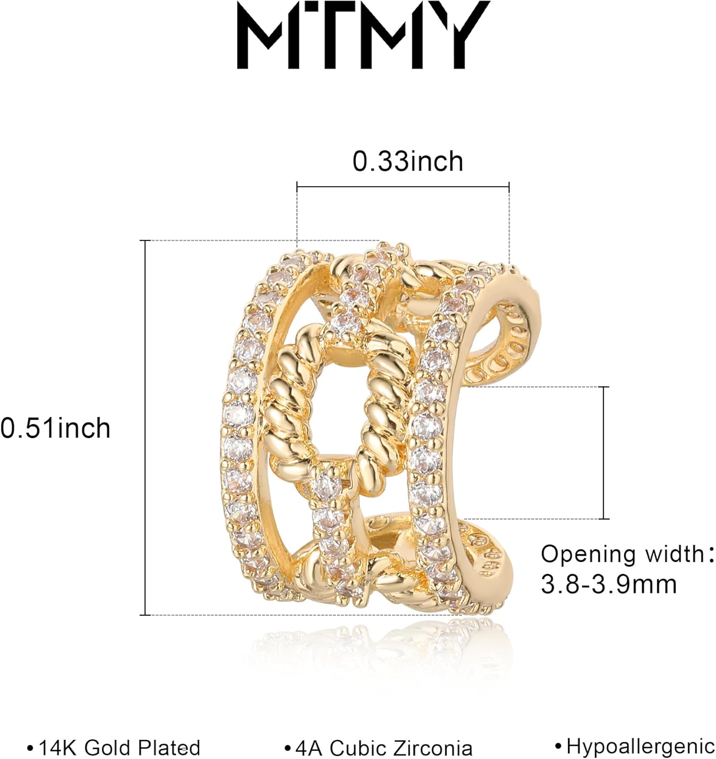 MTMY Gold Ear Cuff Earring for Women 14K Gold Plated Cubic Zirconia Non-Pierced Clip on Cartilage Chunky Ear Cuffs Hypoallergenic Jewelry - Image 5