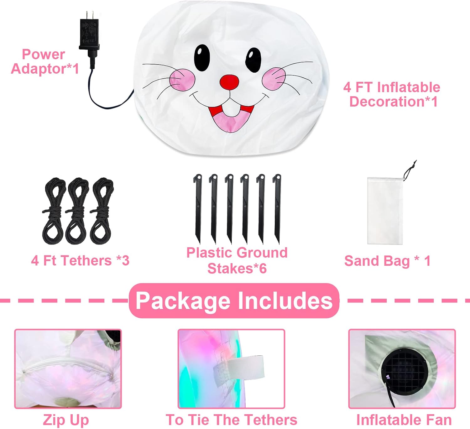 TURNMEON 4FT Easter Inflatable Bunny with Rotating Colorful LED Lights - Waterproof Outdoor Decorations Blow Up Yard Decor for Garden, Lawn, Includes Ground Stakes & Sandbags