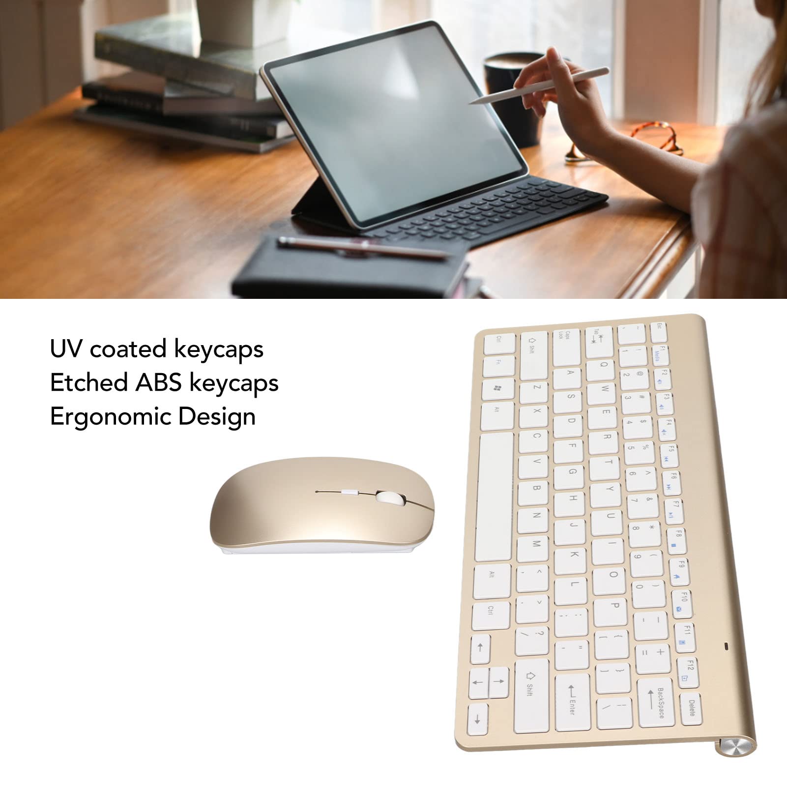 Draadloze Toetsenbordmuiscombinatie, 2,4 G USB-ergonomische en Slanke Draadloze Computertoetsenbordmuis, Ontworpen voor Pc, Laptop, Desktop, met 4 Antislipvoetjes, Slijtvast(Goud Draadloze Toetsenbordmuiscombinatie, 2,4 G USB-ergonomische en Slanke Draadloze Computertoetsenbordmuis, Ontworpen voor Pc, Laptop, Desktop, met 4 Antislipvoetjes, Slijtvast(Goud