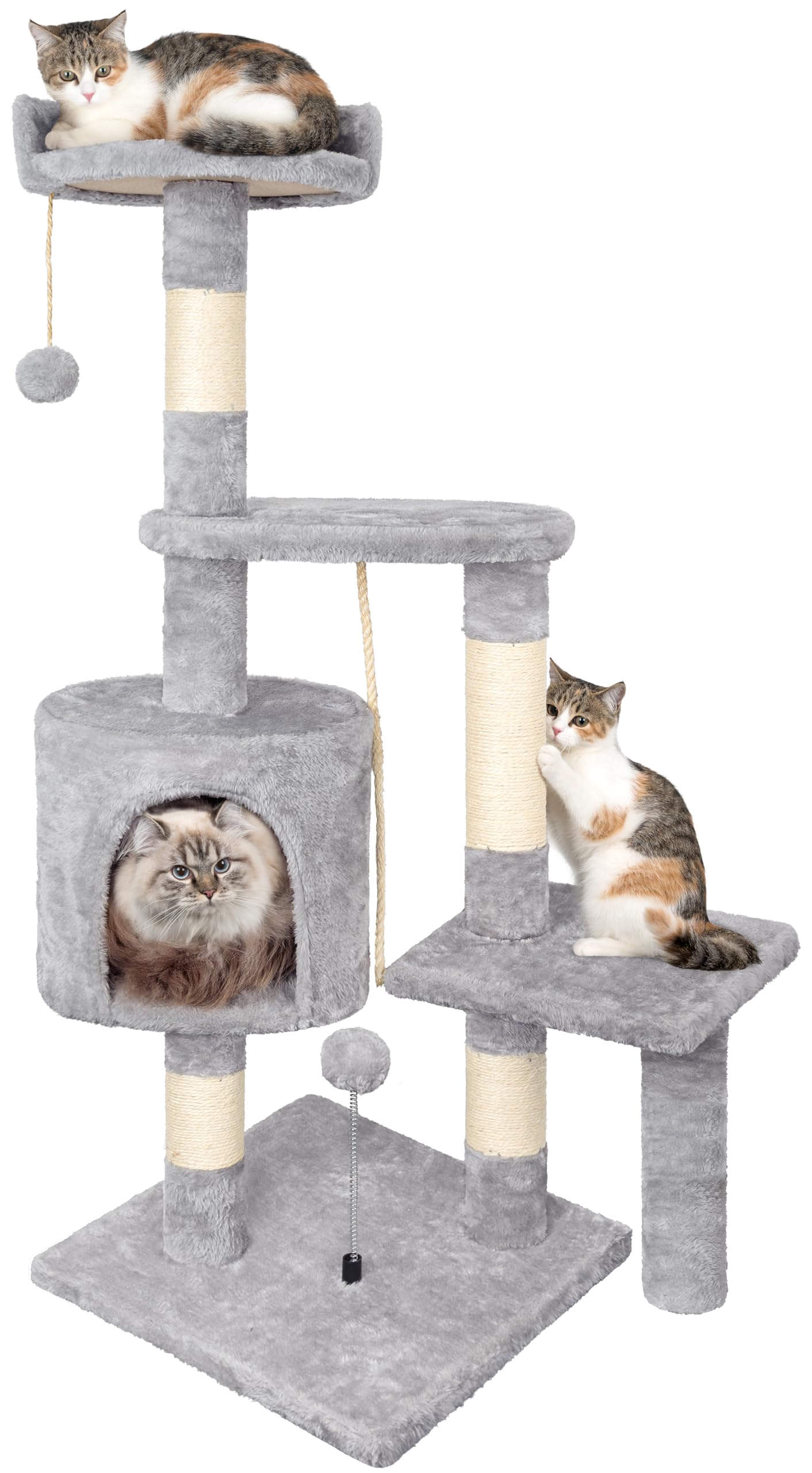HOMIDEC Cat Tree, 112cm Cat Scratching Post for Indoor Cats, Multi-Level Stable Cats Tower with Sisal Scratching Posts, Plush Toy Balls, Cave, Sisal Rope for Kitten Climbing, Playing, Relaxing, Grey