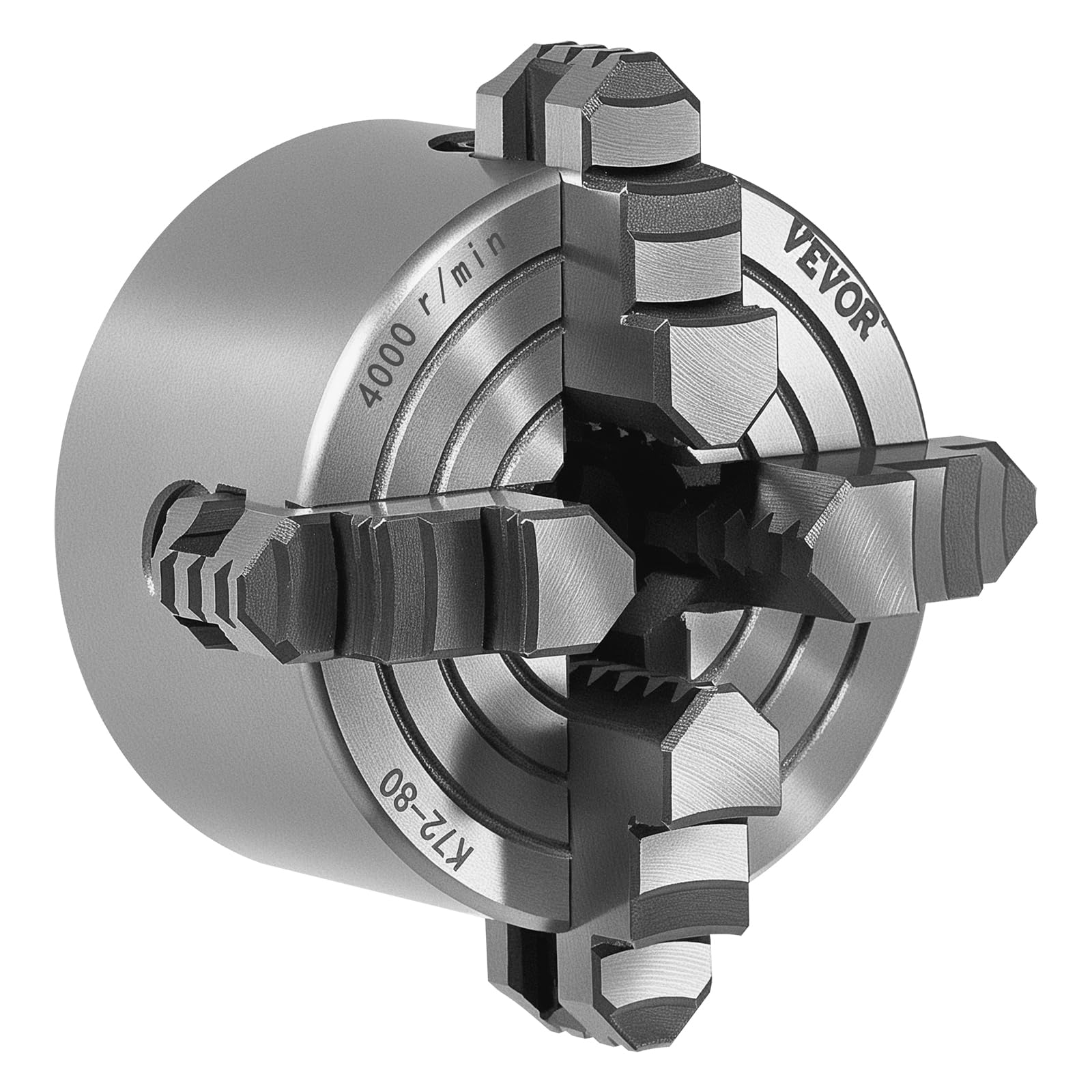 VEVOR4-Jaw Lathe Chuck, 3 Inch (80 mm), 4-Jaw Chuck, 0.1-3.15 in (5-80 mm) Clamping Range with T-key Fixing Screws Reversible Jaws, HT300 Material, Internal External for Wood Metal Lathe