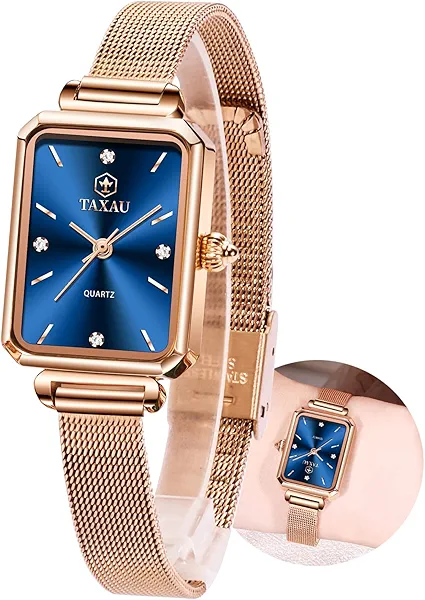 Taxau Women Watches Rose Gold Mesh Womens Watches for Small Wrists Classic Square Diamond Watch Waterproof Thin Watch Easy Read Analog Quartz Minimalist Women Watch Reloj de Mujer