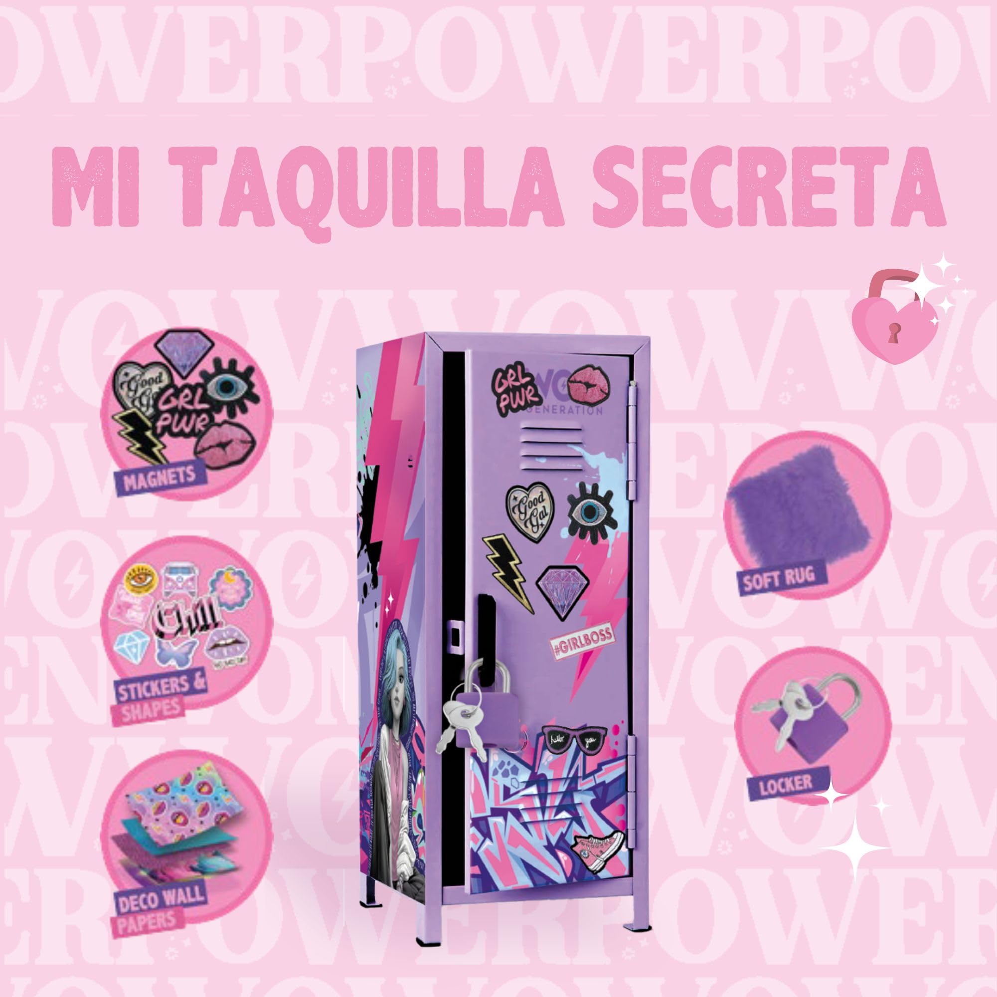 WOW GENERATION - Taquilla Metálica Infantil con Imanes y Stickers Decorativos, Organizador de Escritorio y Juguete Creativo para Niñas