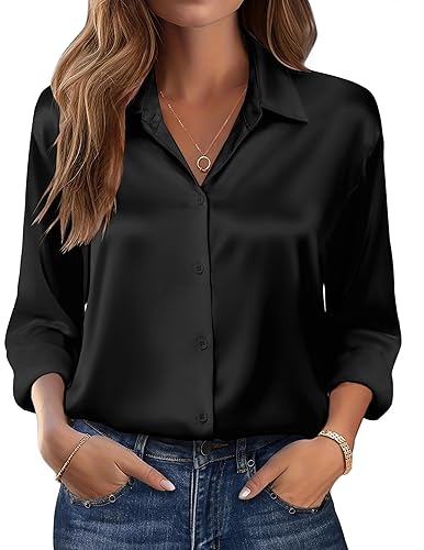 Zeagoo Womens Tops Long Sleeve Satin Silk Button Down Shirts