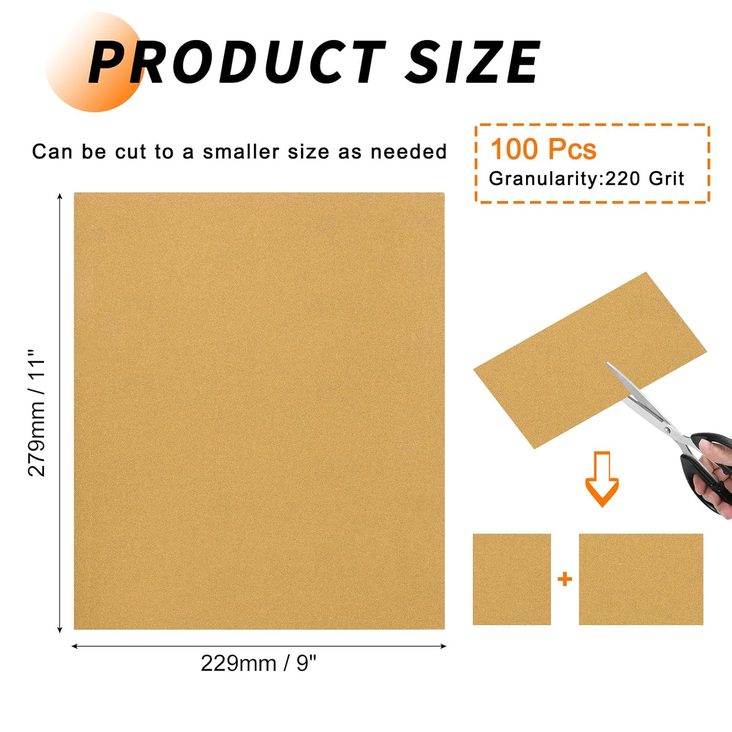100 Pcs 220 Grit Sandpaper, 9 x 11 Inch Sand Paper Alumina Abrasive Sanding Paper [ for Wood Craft & Furniture Repair & DIY Projects & Drywall Metal Auto Grinding], Gold