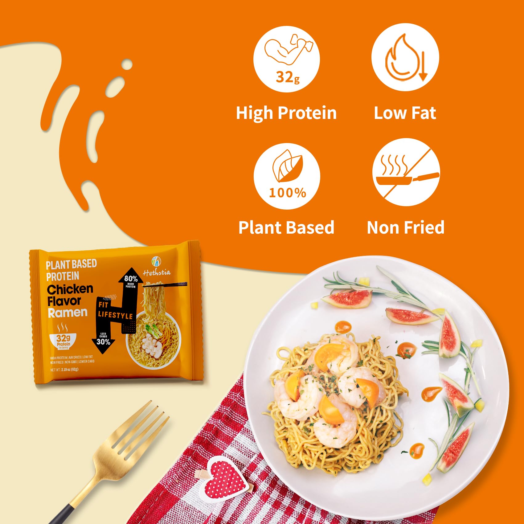Hethstia Protein Ramen Chicken Flavor, 6-Pack Chicken Broth Instant High-Protein Noodle Soup, 32g Plant-Based Protein Quick Pre-Packaged Meal, Non Fried, Low Fat, Vegan, Non-GMO
