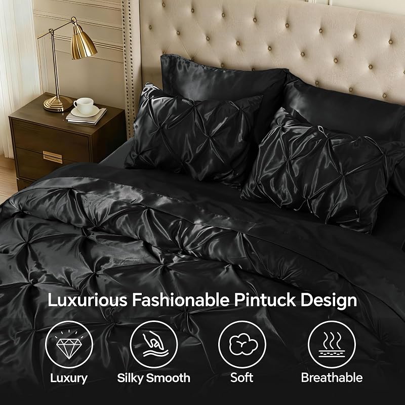 BEDELITE Satin Comforter Set Queen, 7 Pieces Pintuck Bed in A Bag, Black image 4