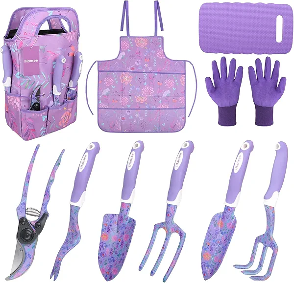 iHansee Purple Garden Tool Sets 10-Piece, Aluminum Alloy Steel Hand Tools w/Non-Slip Ergonomic Handle, Floral Print Garden Supplies Organizer Handbag, Cute Gardening Tools Gift for Women Grandmother