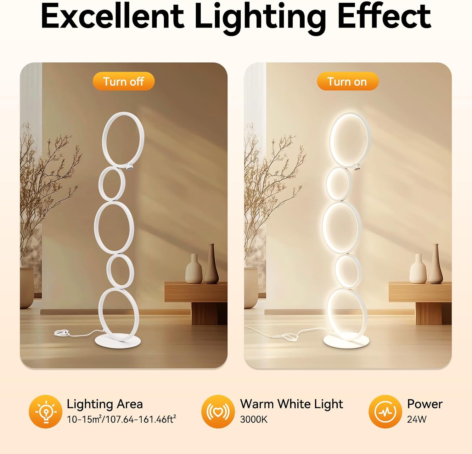 Modern 5-Circle Ring-Style Floor Lamp, Artistic Trendy Design Ring Standing Lamp, One-Touch Switch Led 5 Ring Floor Standing Tall Lamps for Living Room,Ideal for Home and Office
