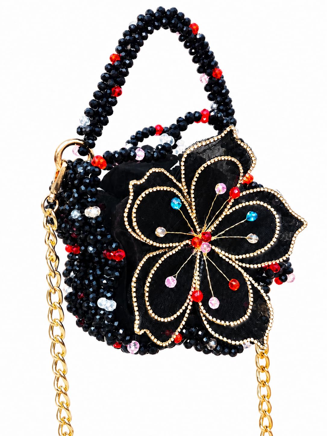 Black Beaded Handbag with Floral Embroidery and Gold Chain Strap-image-27