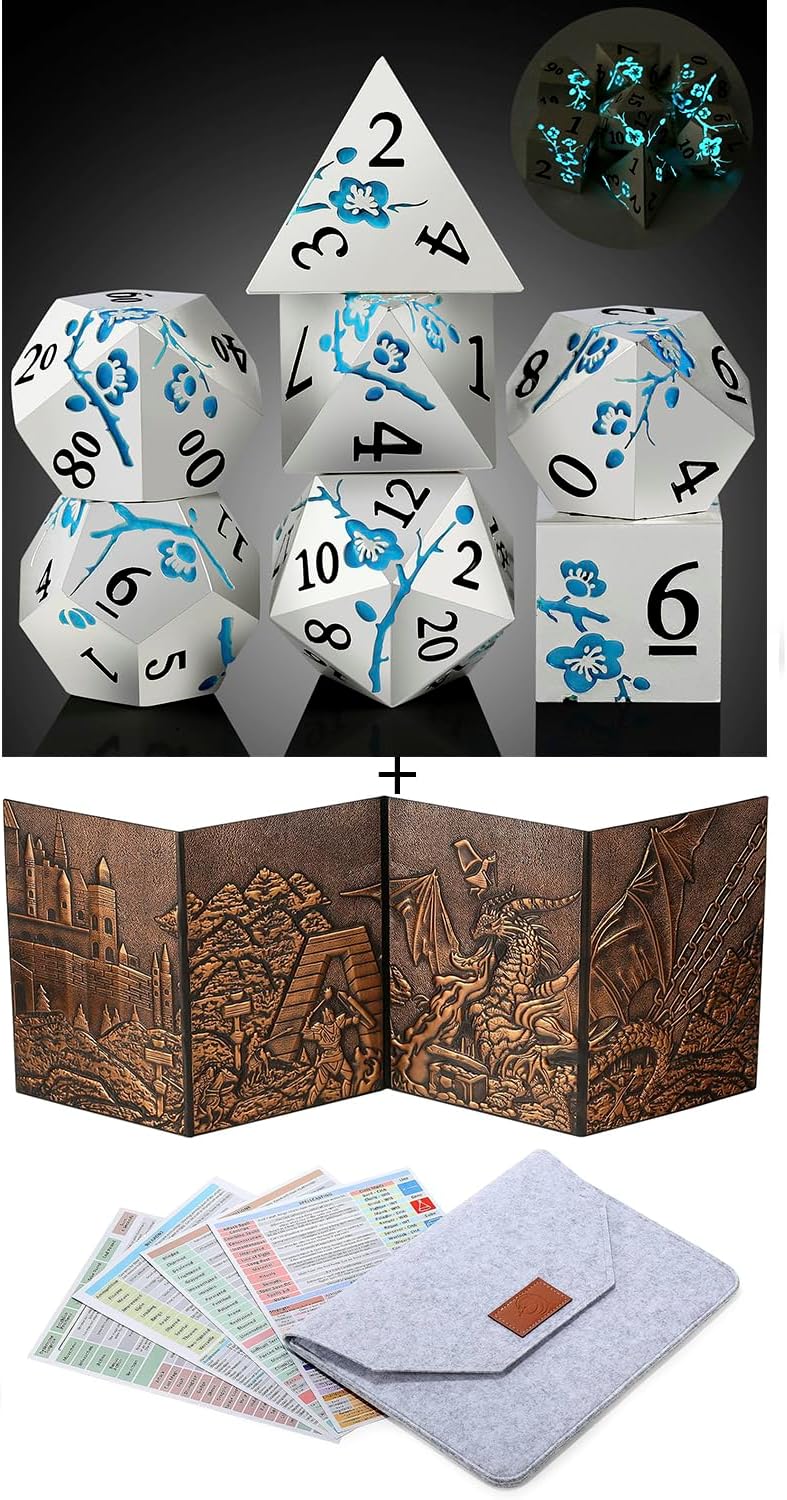 DNDND Blue Glow in The Dark D&D Metal Dice with Gift Case and DNDND 3D DM Screen with Flet Case