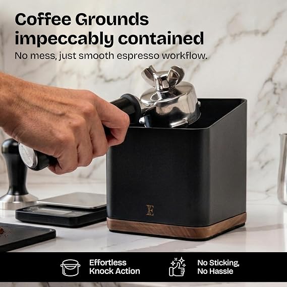 Espresso Knock Box with Lid 1L Steel Coffee Knock Box Espresso with Walnut Non-Slip Base, Quiet Rubber Bar, Barista Essential for Home Coffee Station (Holds 2025 Pucks), Black