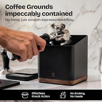 Espresso Knock Box with Lid 1L Steel Coffee Knock Box Espresso with Walnut Non-Slip Base, Quiet Rubber Bar, Barista Essential for Home Coffee Station (Holds 2025 Pucks), Black
