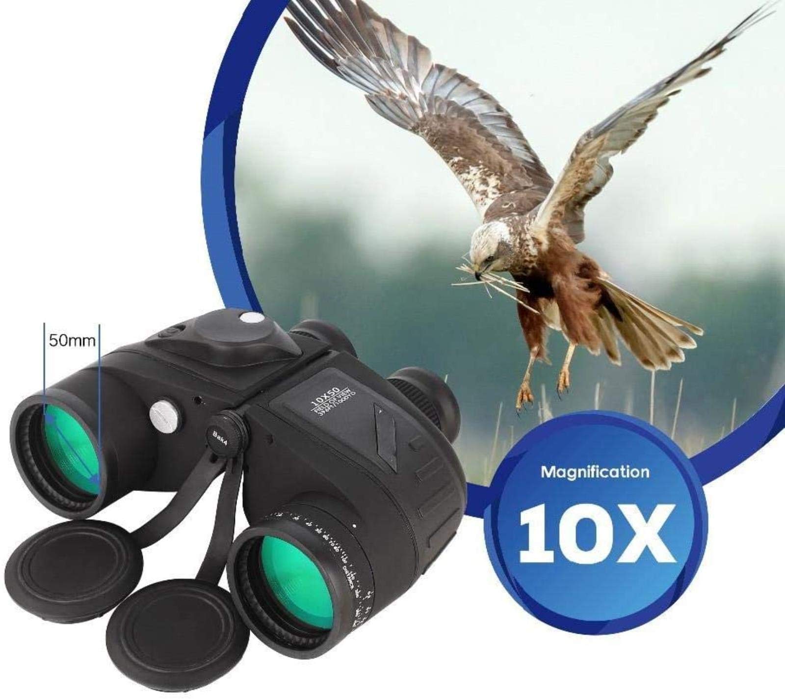 Telescopio portátil Binoculares Alta Potencia Binoculares 10X50 Telescopio Impermeable con telémetro Brújula Lente Prisma Bak4 Observación Aves para Adultos A para Interior/Exterior