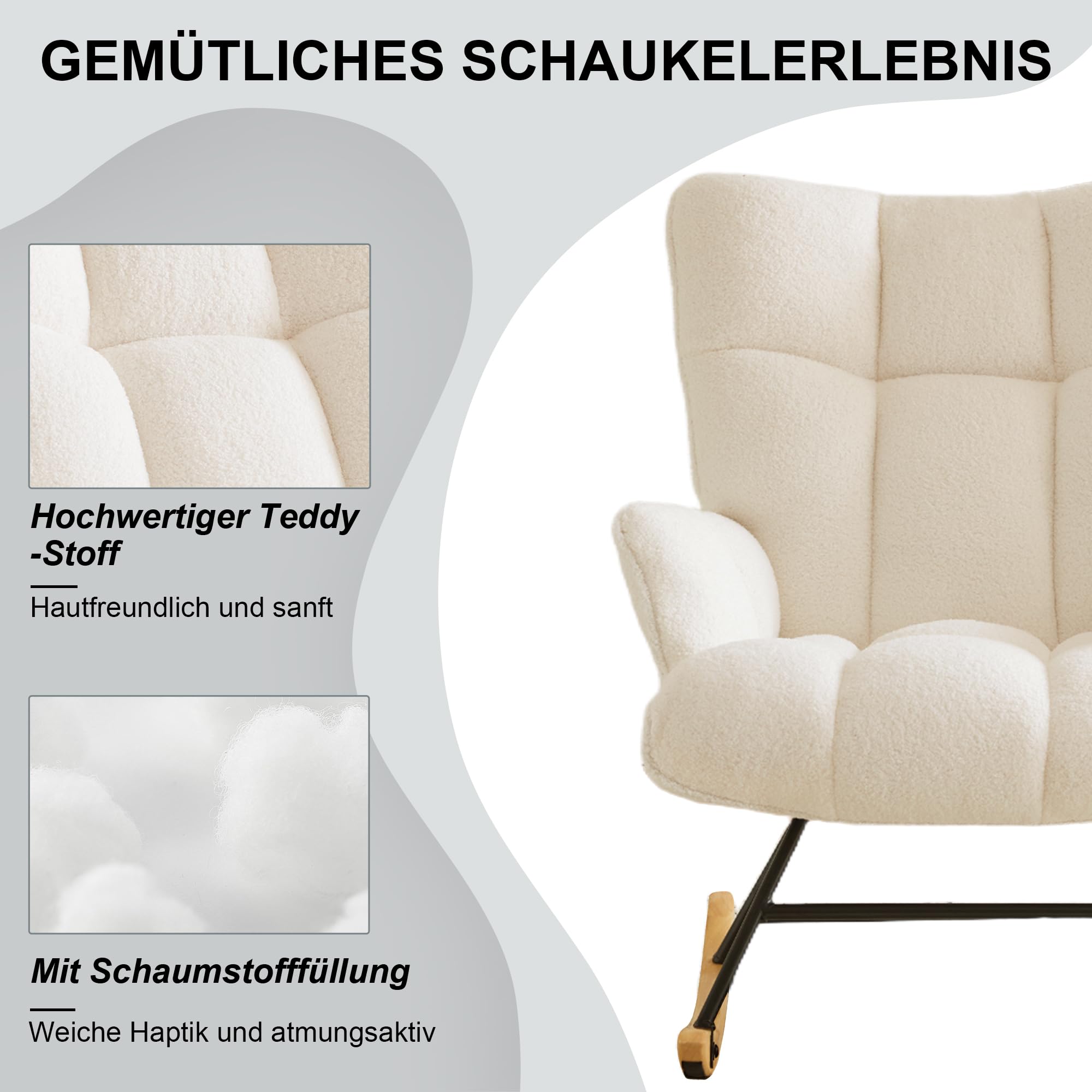 Schaukelstuhl Stillsessel Schaukelsessel mit Armlehnen Gepolsterter Stillstuhl Relaxsessel für Wohnzimmer Babyzimmer Bis 136 kg Belastbar Rocking Chair Nursery Elfenbeinfarben