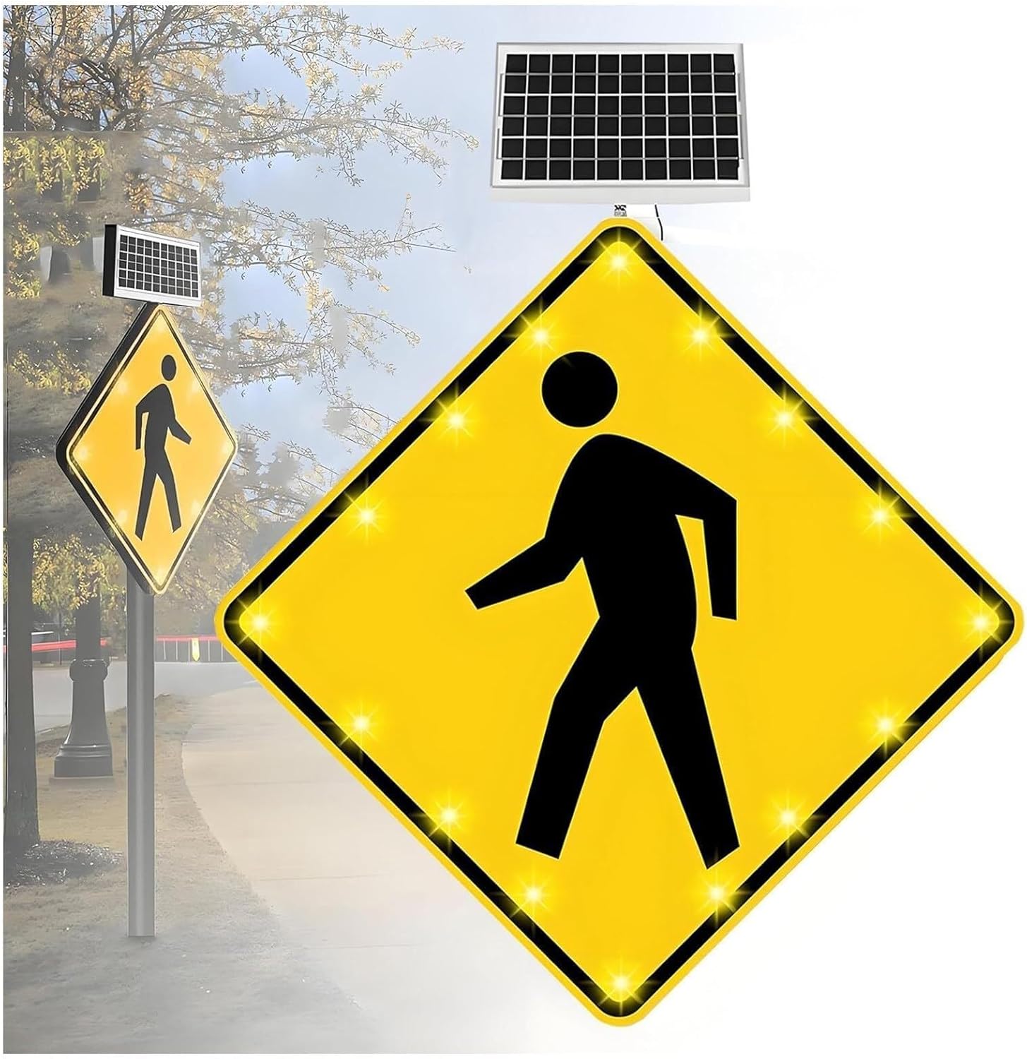 Solar LED Flashing Pedestrian Crossing Sign, 24IN Aluminum Traffic Warning Sign, Rust-Proof with Mounting Kit, Enhanced Visibility for Safe Roadway Navigation
