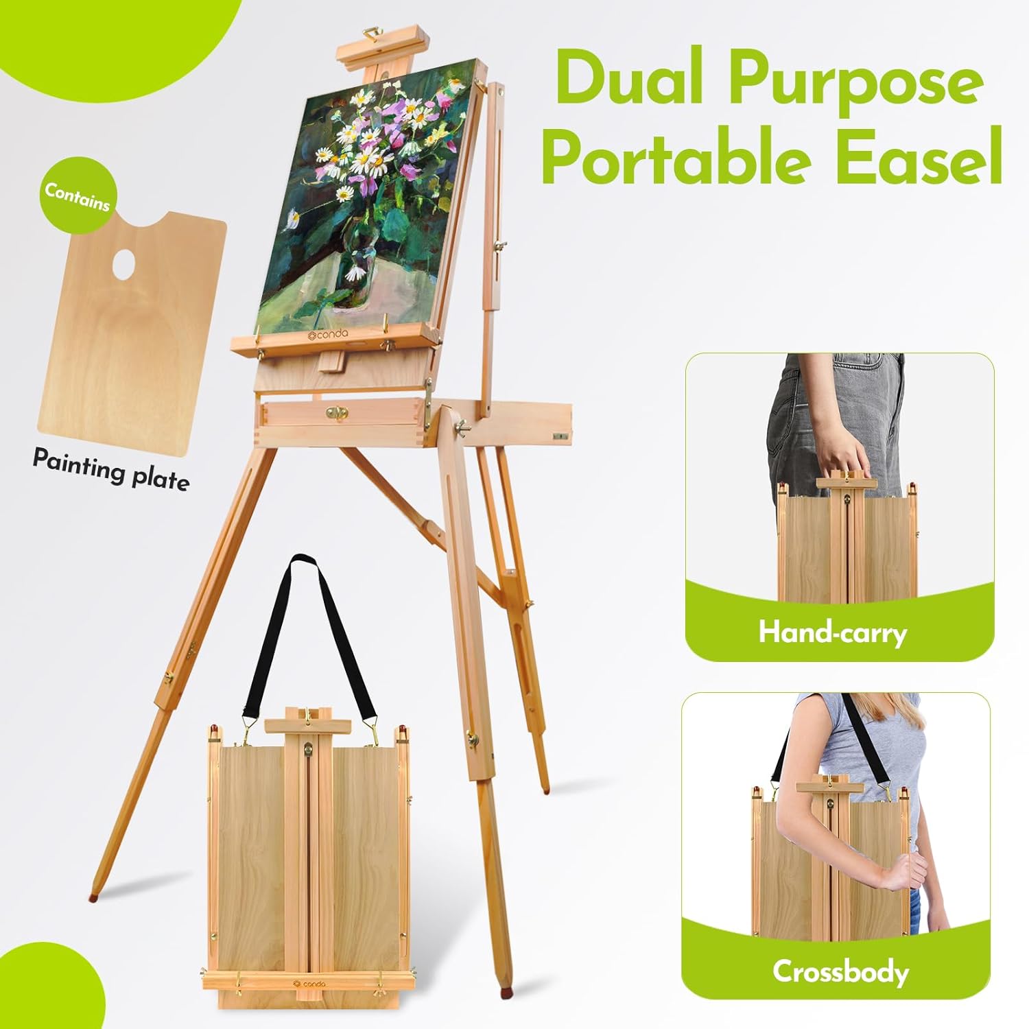 CONDA Large Wooden French Easel and Sketchbox Easel, Adjustable Tripod Easel Stand with Drawer and Palette for Artist, hobbyists, Professionals, Ideal Easel for Painting, Sketching, and Display