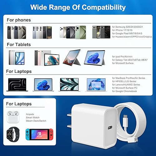 Miniatura 4 de Cargador de carga rápida para iPhone 16 y 15, paquete de 3 cargadores USB C PD de 20 W con cable de 10 pies, cable USB C tipo C para iPhone 16/16