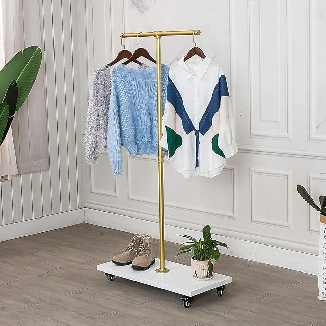 FURVOKIA 59" Tall,Industrial Pipe Clothing Rack,Rolling Garment Rack for Retail Display Hanging Clothes,Hallway/Entryway Free Standing,Modern Simple Heavy Duty Coat Pipe ShelfGold