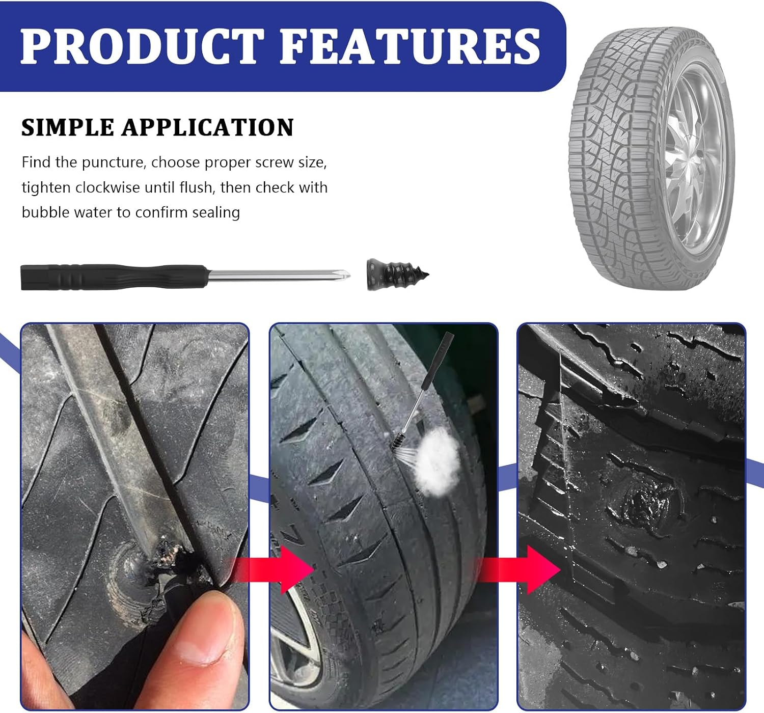 100PCS Screw Tire Plugs Kits with Screwdriver,3 Sizes Screw in Tires Plugs for Self Quick Puncture Repair,Tire Repairs Rubber Nail Kit as Tires Repair Kit for Car/Truck/Motorcycle